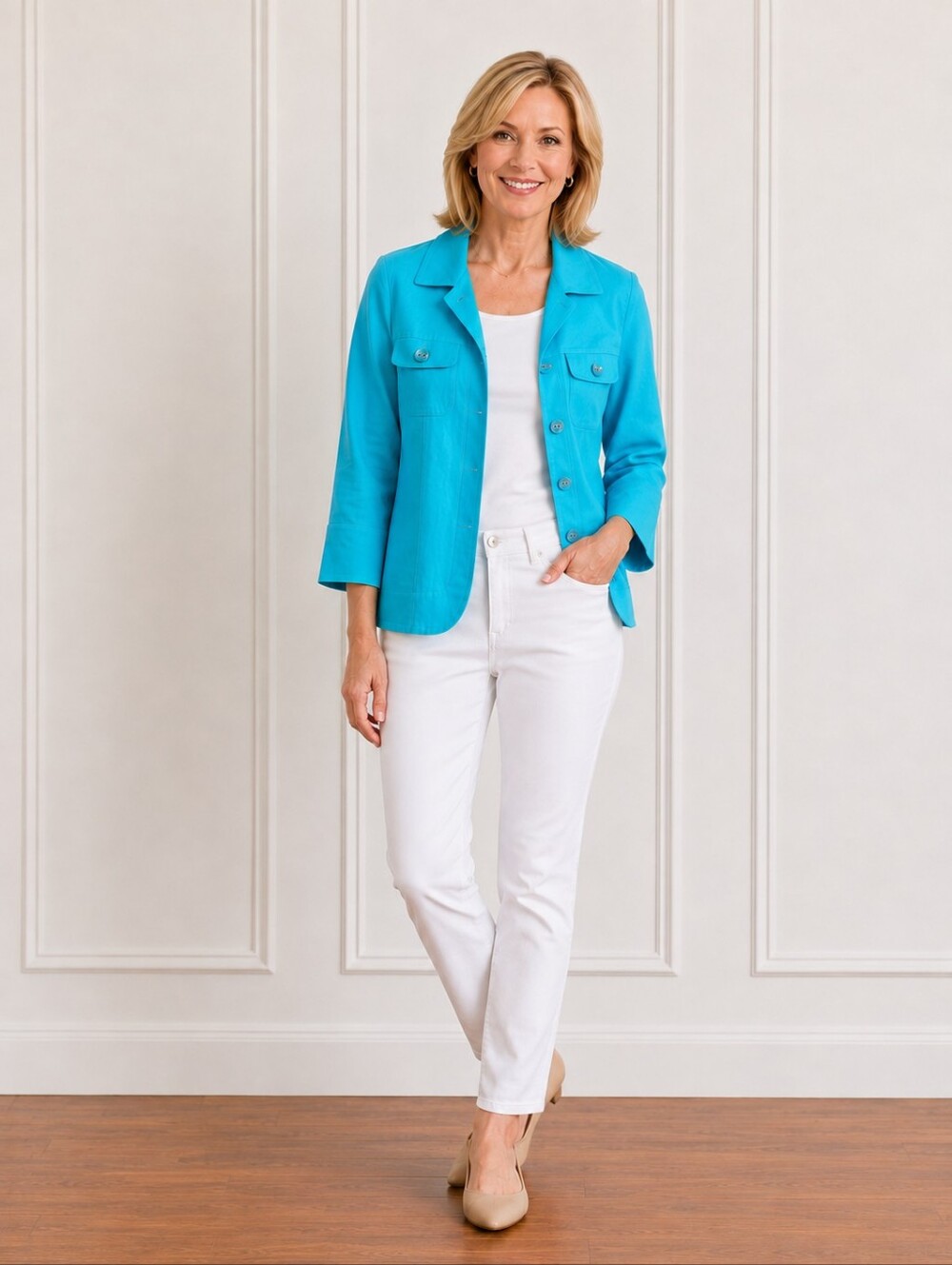 East 5th Turquoise Jacket Button Up Linen-Blend ¾ Length Sleeves, Size PS